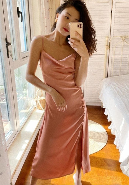 Pink Satin Midi Dress