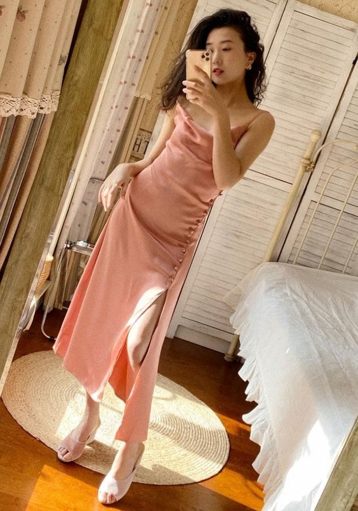 Pink Satin Midi Dress